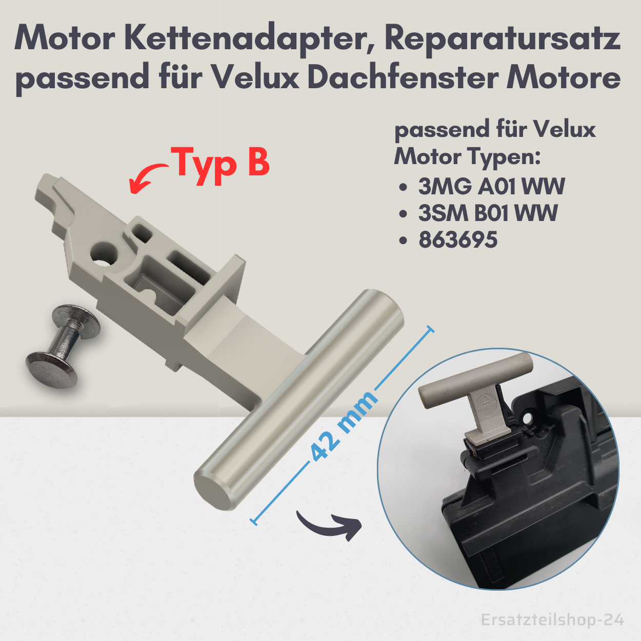 Reparatursatz Kettenanschluss, passend für Velux Dachfenster Motor, Typ wählbar