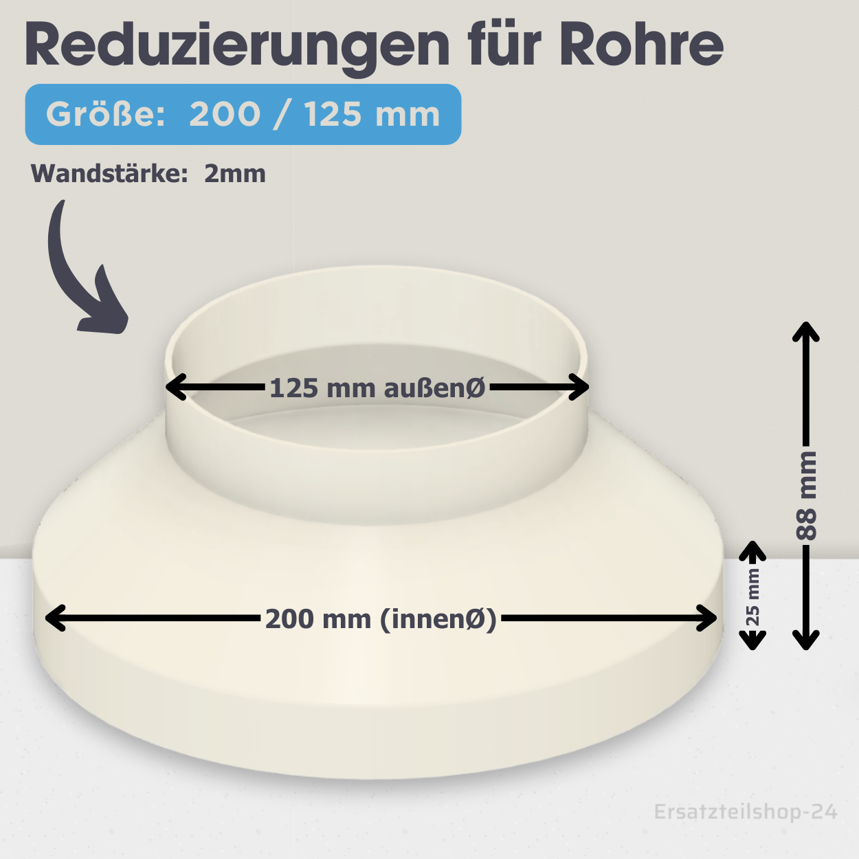 Reduzierstück für Rohre / Lüftungskanäle , große Auswahl von Ø 40 bis 200 mm