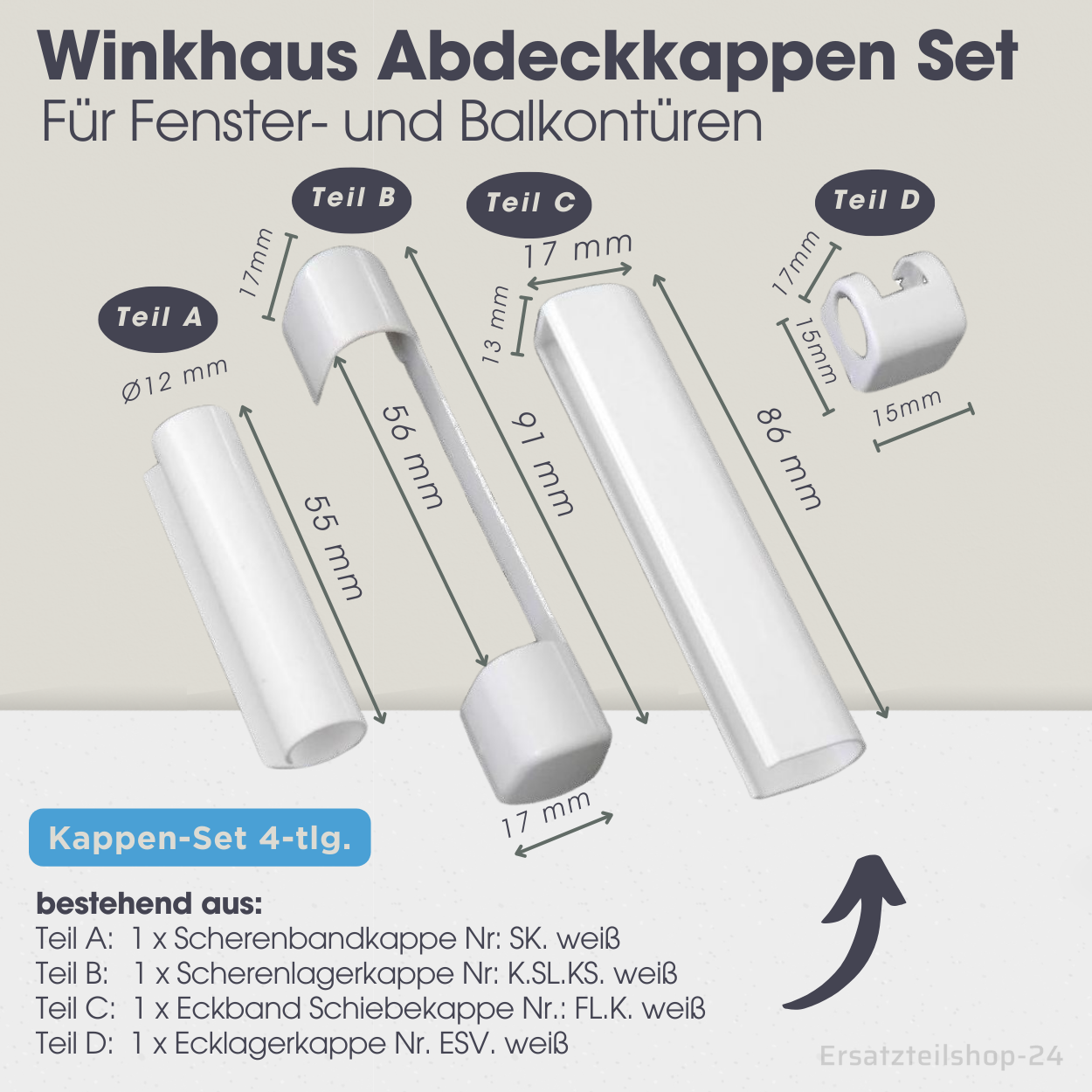 Winkhaus Abdeckkappen Set 4-tlg. für Fenster Scherenlager / Ecklager, Weiß, NEU