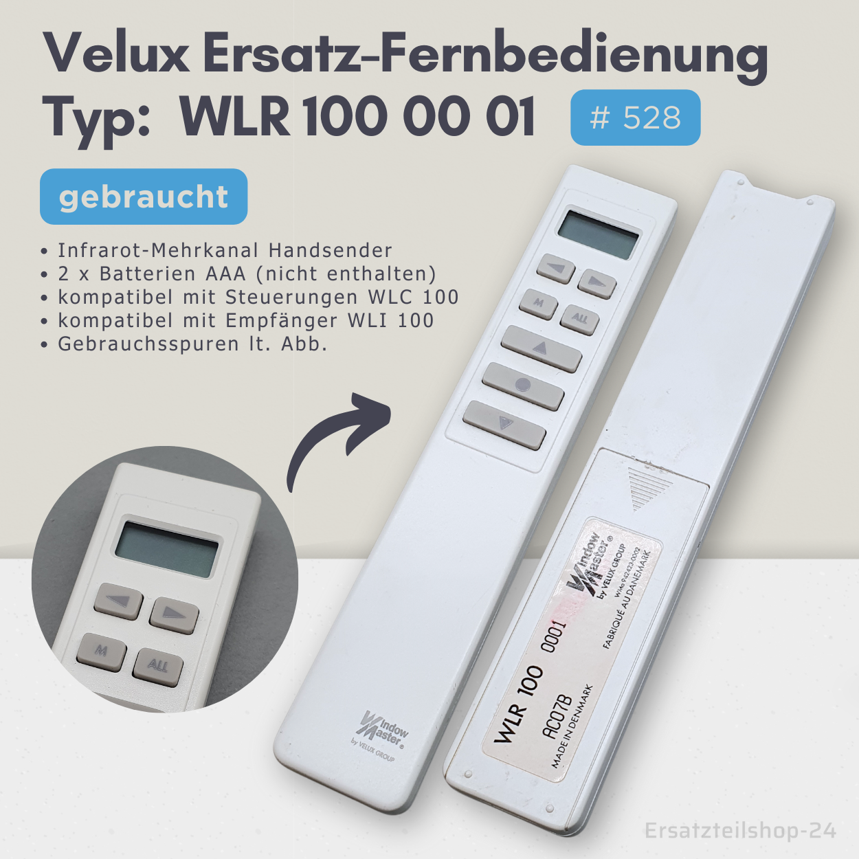 Velux Ersatz-Fernbedienung WLR 100 0001, für Dachfenster, gebraucht #528