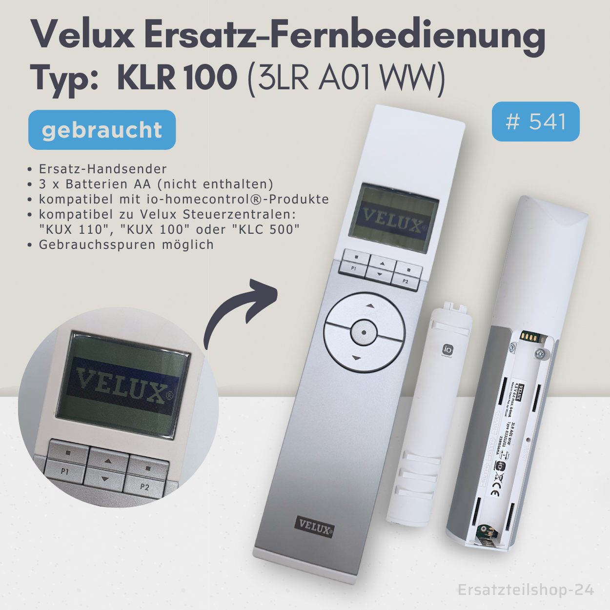 Velux Ersatz Fernbedienung KLR 100, (3LR A01 WW) io-homecontrol®-kompatibel, #541