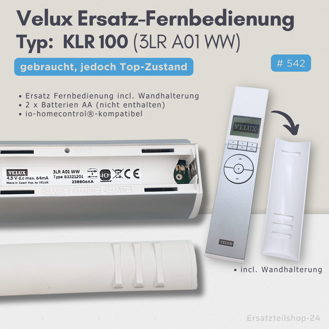 Velux Ersatz Fernbedienung KLR 100 (3LR A01 WW) incl. Wandhalterung, io-homecontrol®, #542