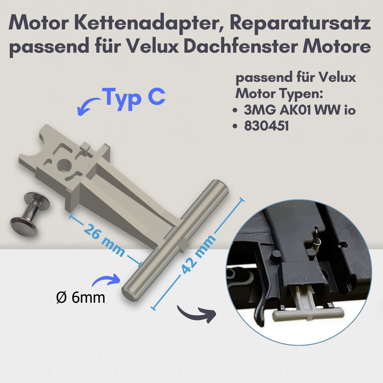 Reparatursatz Kettenanschluss, passend für Velux Dachfenster Motor, Typ wählbar
