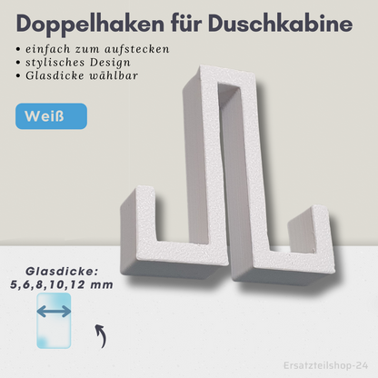 stylischer Haken für Duschkabine - Doppelhaken, Auswahl Glasdicke u. Farbe