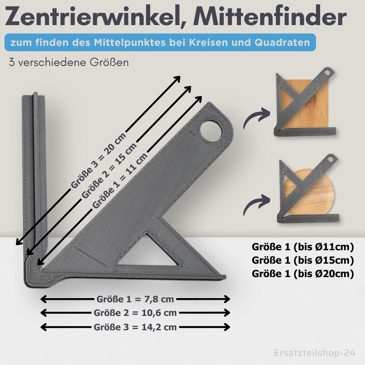 Zentrierwinkel, Mittenfinder für Rundmaterial und Quadrate,  3 Größen Auswahl