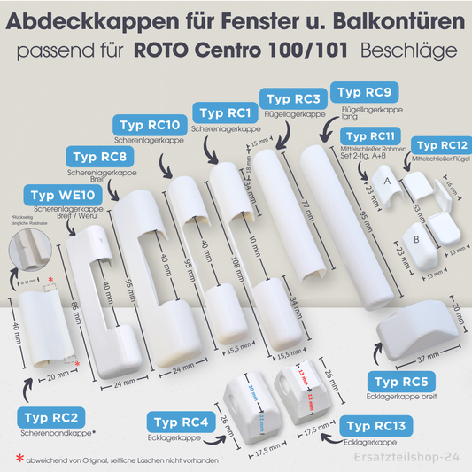 Abdeckkappen, passend für ROTO Centro 100 Fenster Beschlag Scherenlagerkappen