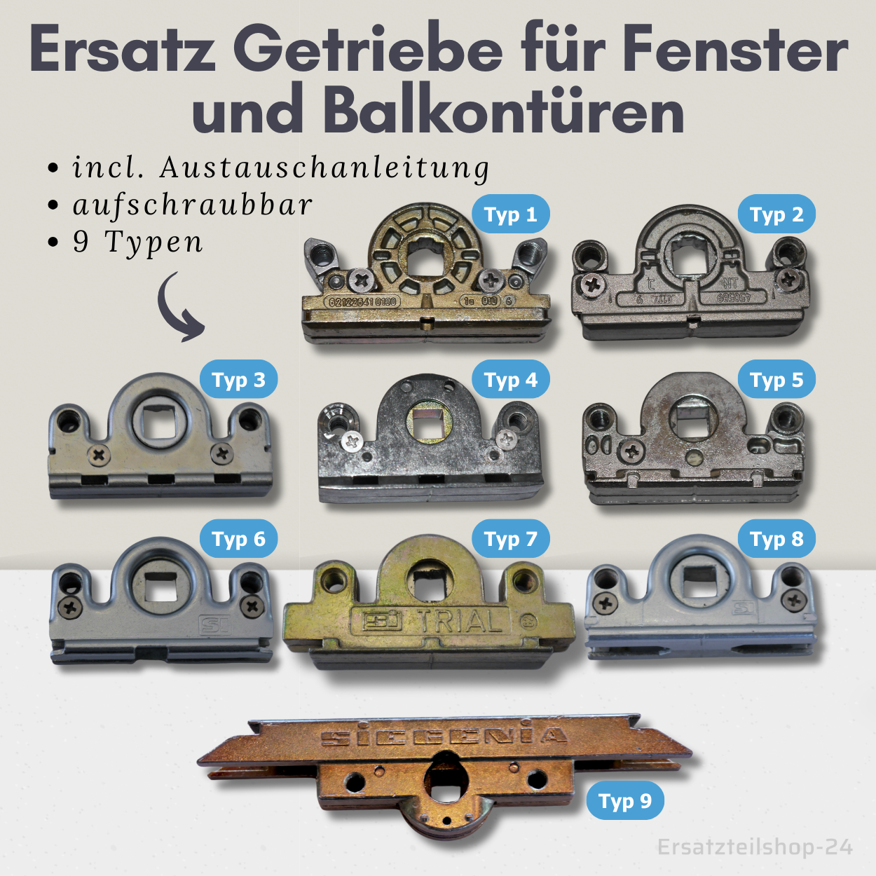 Ersatz Fenstergetriebe, 9 verschiedene Typen: ROTO, MACO, Winkhaus, Siegenia - Beschlag Ersatzteil,