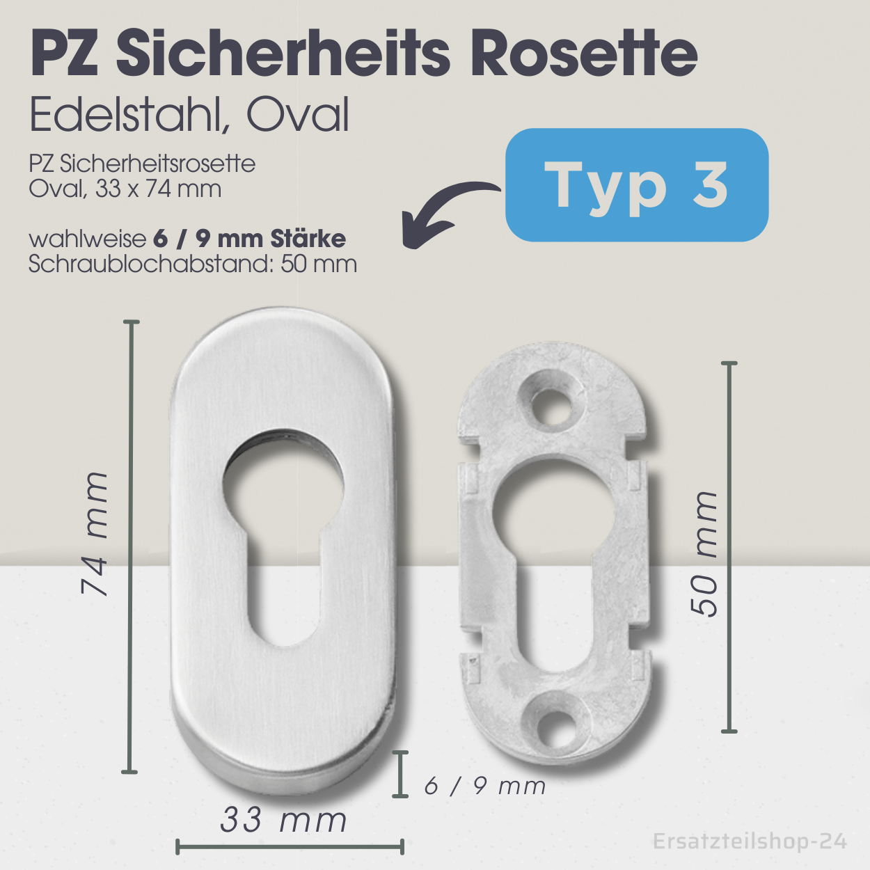 PZ-Edelstahlrosetten eckig oval, Schutzrosetten m. Kernziehschutz für Haustüren