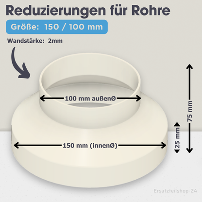 Reduzierstück für Rohre / Lüftungskanäle , große Auswahl von Ø  40 bis 200 mm