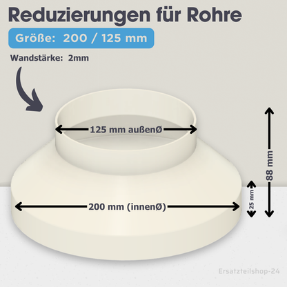 Reduzierstück für Rohre / Lüftungskanäle , große Auswahl von Ø  40 bis 200 mm