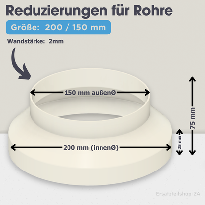 Reduzierstück für Rohre / Lüftungskanäle , große Auswahl von Ø  40 bis 200 mm