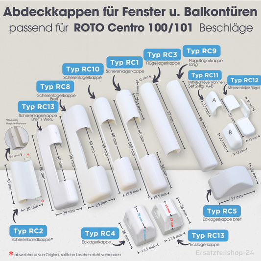Abdeckkappen, passend für ROTO Centro 100 Fenster Beschlag Scherenlagerkappen
