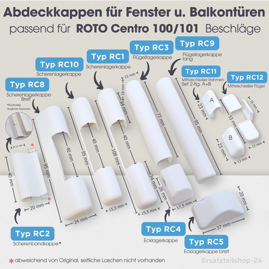 Abdeckkappen, passend für ROTO Centro 100 Fenster Beschlag Scherenlagerkappen