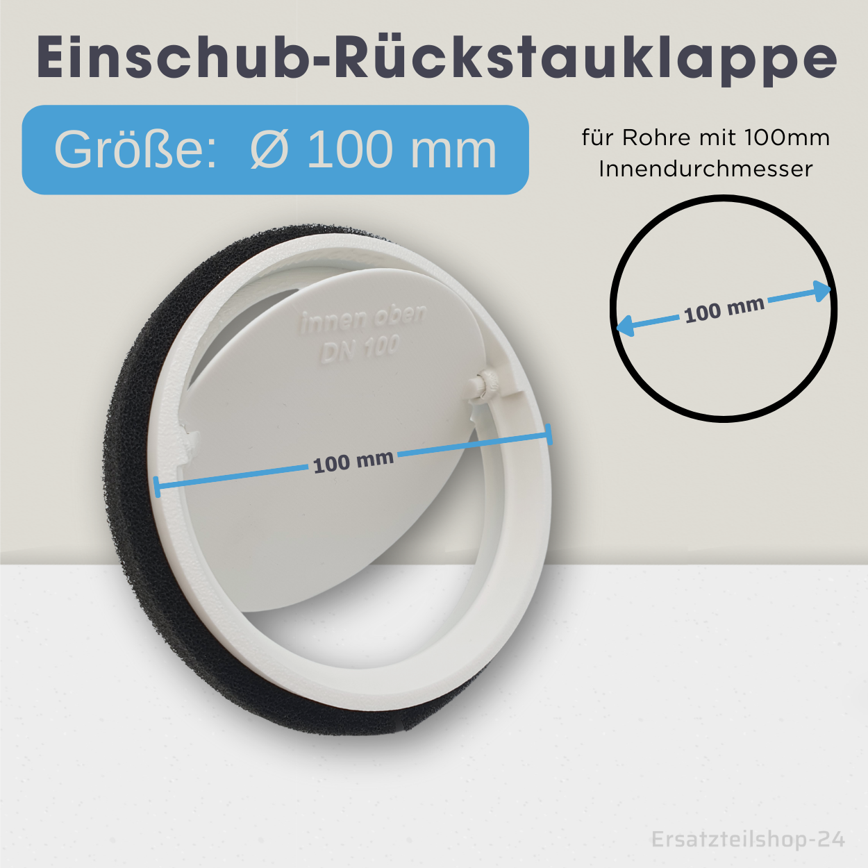 Einschub-Rückstauklappe incl. Dichtband, für Lüftungsrohre Ø 100, 125, 150 mm