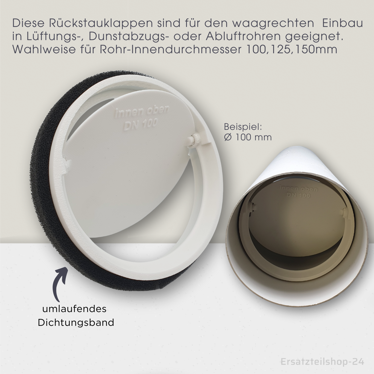 Einschub-Rückstauklappe incl. Dichtband, für Lüftungsrohre Ø 100, 125, 150 mm