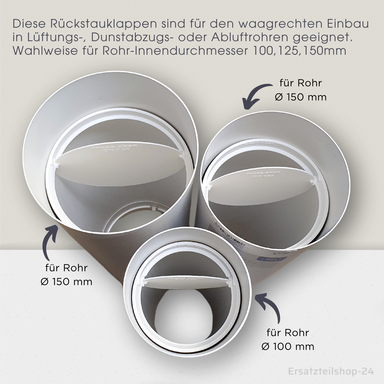Einschub-Rückstauklappe incl. Dichtband, für Lüftungsrohre Ø 100, 125, 150 mm