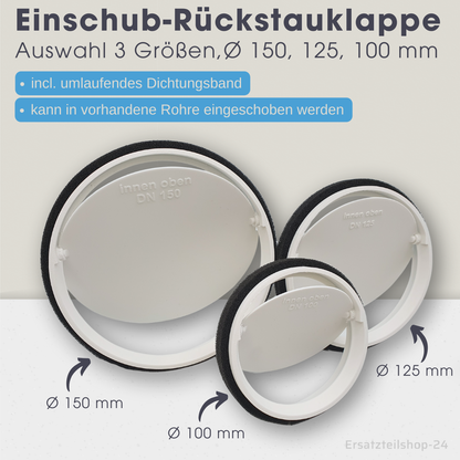 Einschub-Rückstauklappe incl. Dichtband, für Lüftungsrohre Ø 100, 125, 150 mm