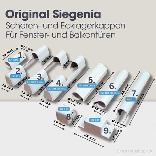 Abdeckkappen für SIEGENIA Fensterbeschläge, LK006, LK221, LK005, EK300, EK211, EK001, EK201