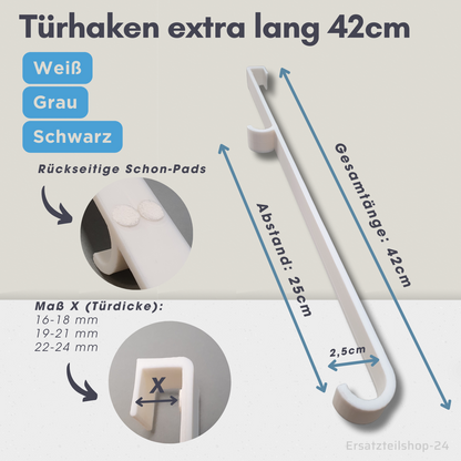 XXL Türhaken - Schrankhaken extra lang, 42cm, Farbe und Türdicke wählbar