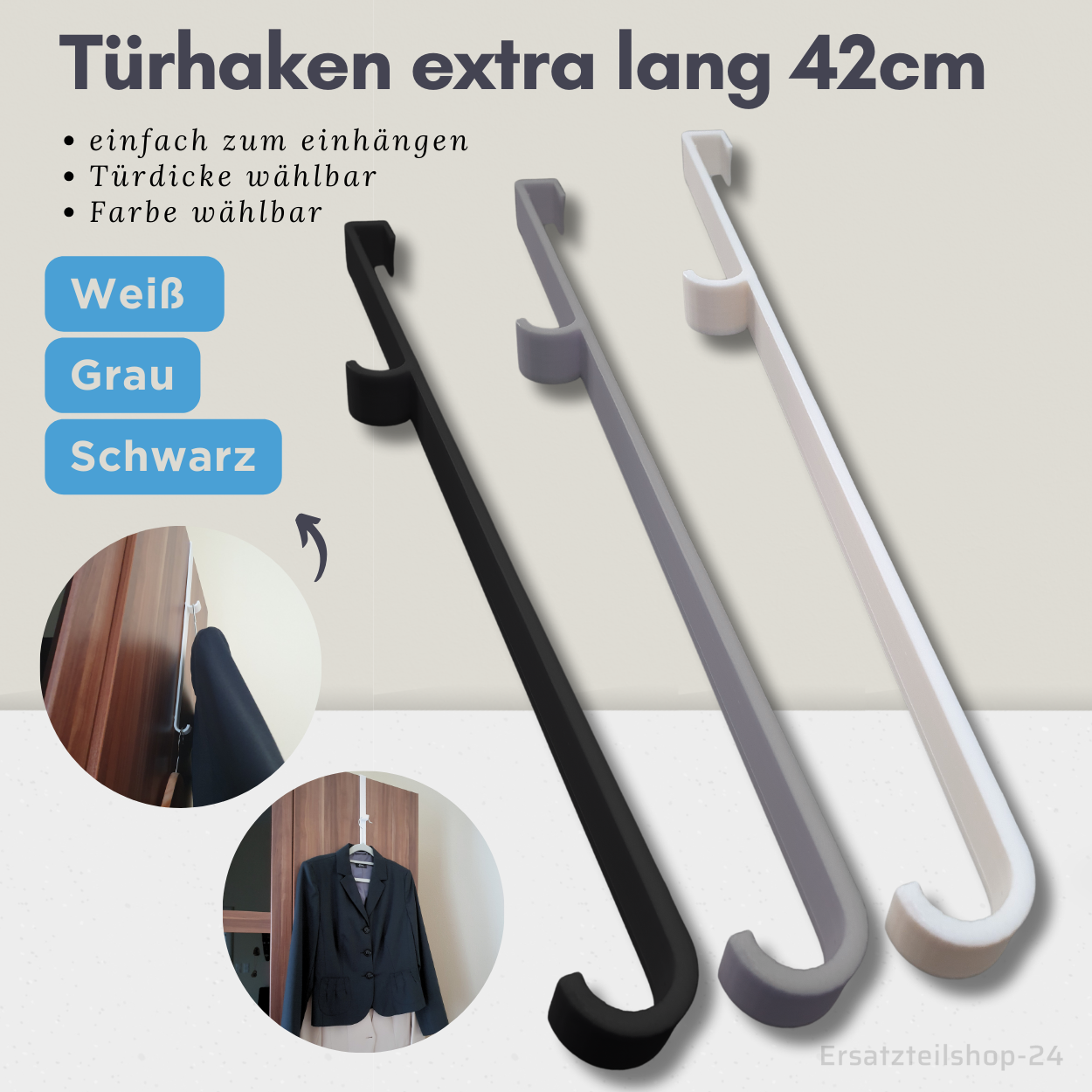 XXL Türhaken - Schrankhaken extra lang, 42cm, Farbe und Türdicke wählbar