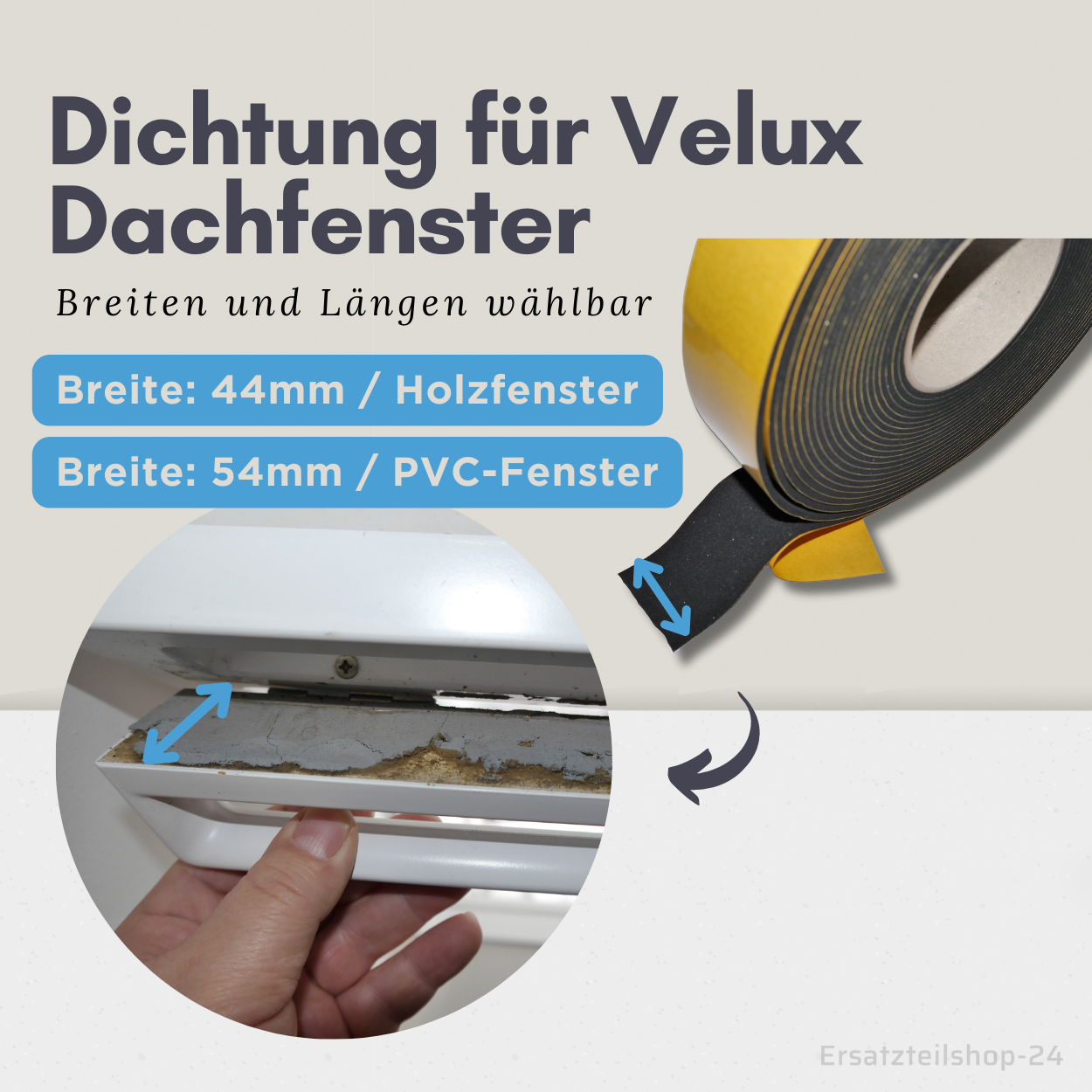 Fenster Dichtung, 44 / 54mm Breite,f. Velux Dachfenster Lüftungsklappen - Länge / Breite wählbar