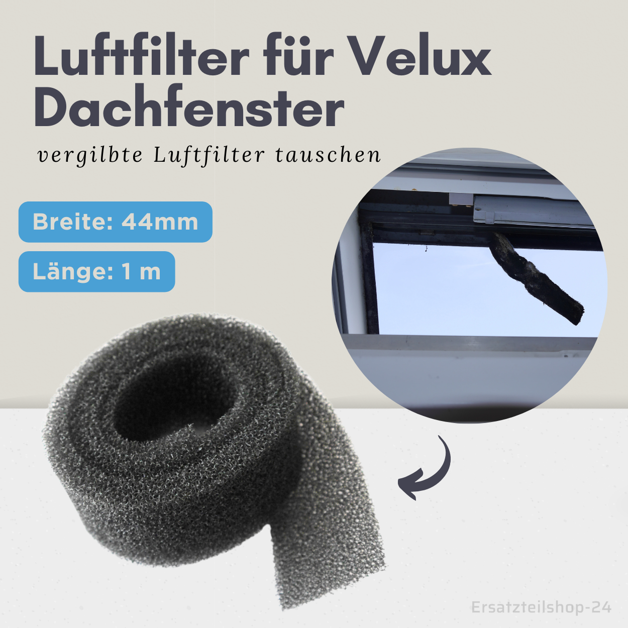 Hygienischer Luftfilter (5,10€/m) passend für Velux Dachfenster Holz u. PVC, ZZZ