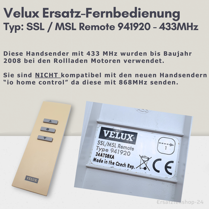 Velux Ersatz Fernbedienung - alter Typ 941920, SSL/MSL Remote, gebraucht #516