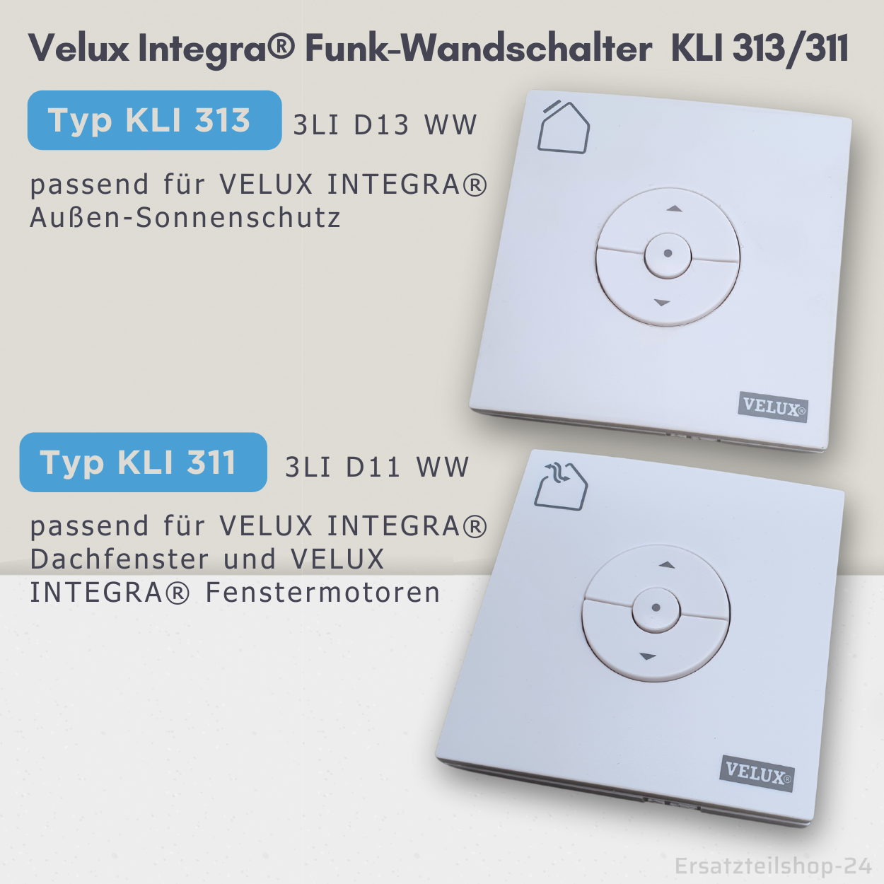 VELUX INTEGRA KLI 311 / KLI 313, Funk-Wandtaster für Rollläden/Jalousien, Dachfenster