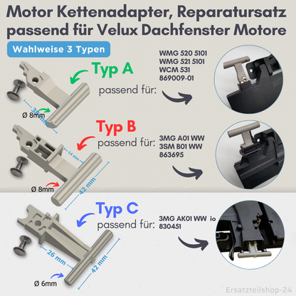 Reparatursatz Kettenanschluss, passend für Velux Dachfenster Motor, Typ wählbar