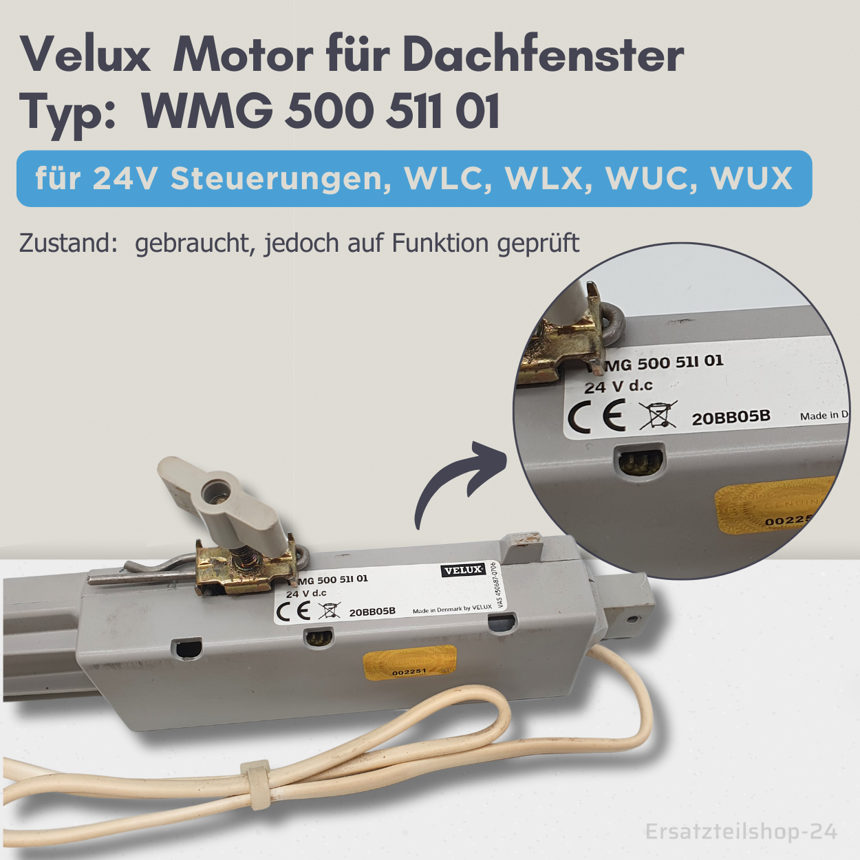 VELUX Motor, WMG 500 511 01, 24V für Dachfenster, Ersatzteil gebraucht  #568