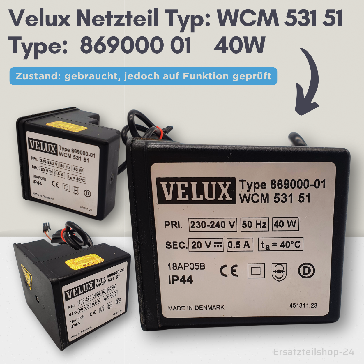 VELUX Netzteil Typ WCM 531 51, Type 869000-01 für Velux Integra Dachfenster, gebraucht  #581