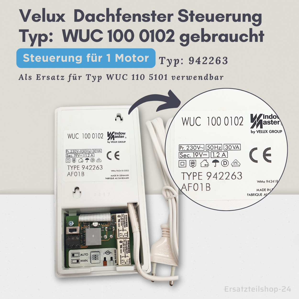 Velux Steuerung WUC 100 0102, Typ 942263 für 1 Motor, gebraucht  #555