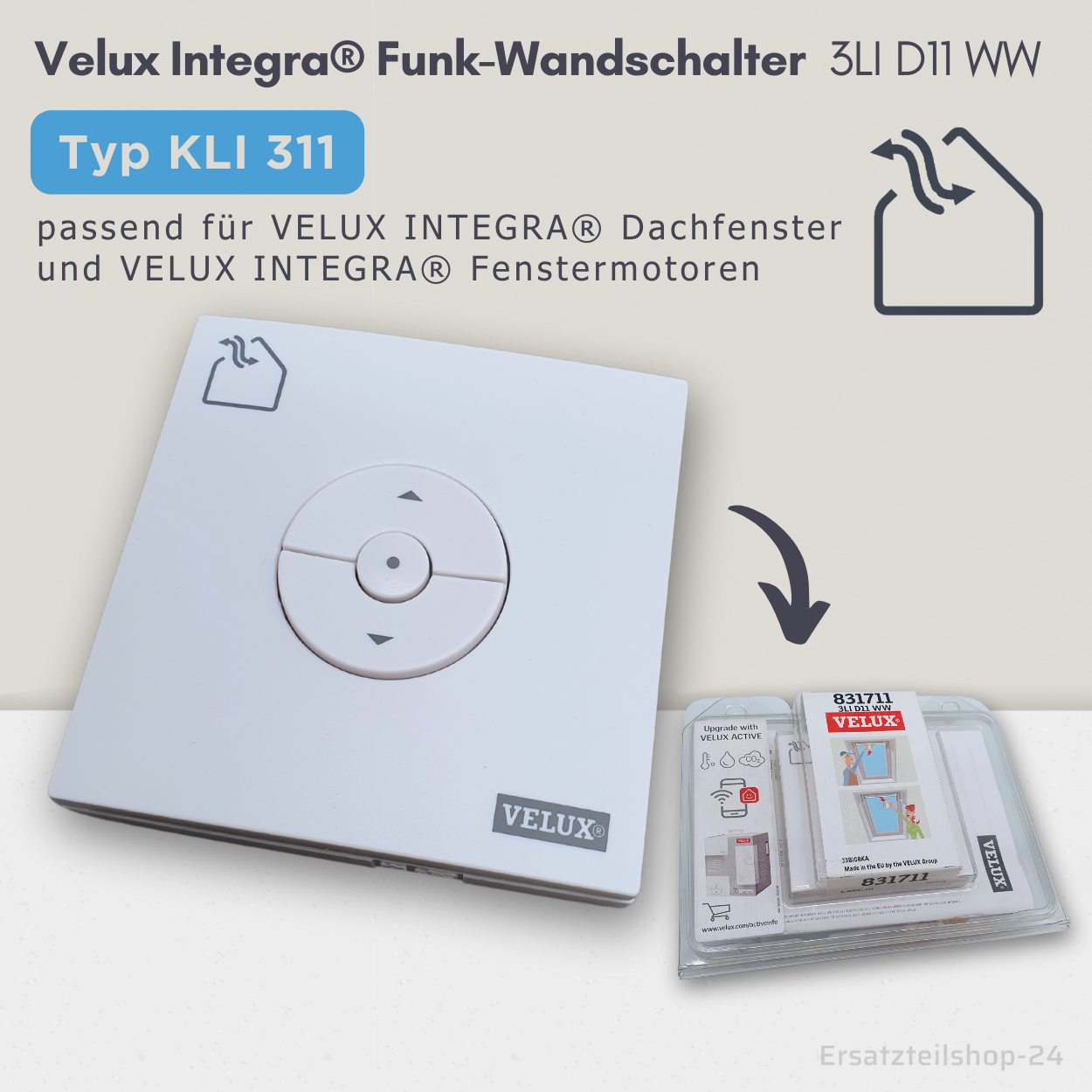 VELUX INTEGRA KLI 311 / KLI 313, Funk-Wandtaster für Rollläden/Jalousien, Dachfenster