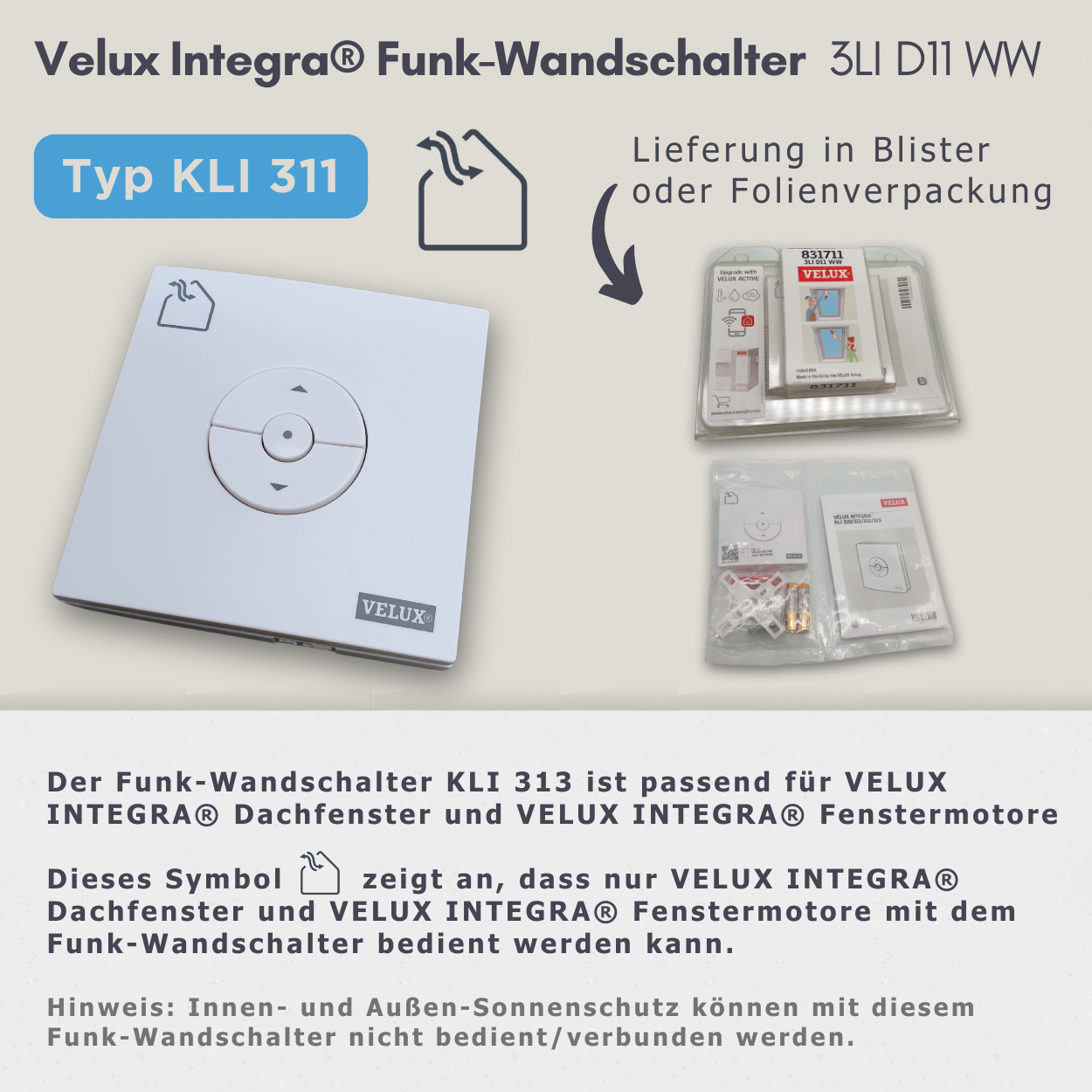 VELUX INTEGRA KLI 311 / KLI 313, Funk-Wandtaster für Rollläden/Jalousien, Dachfenster