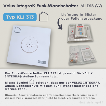 VELUX INTEGRA KLI 311 / KLI 313, Funk-Wandtaster für Rollläden/Jalousien, Dachfenster