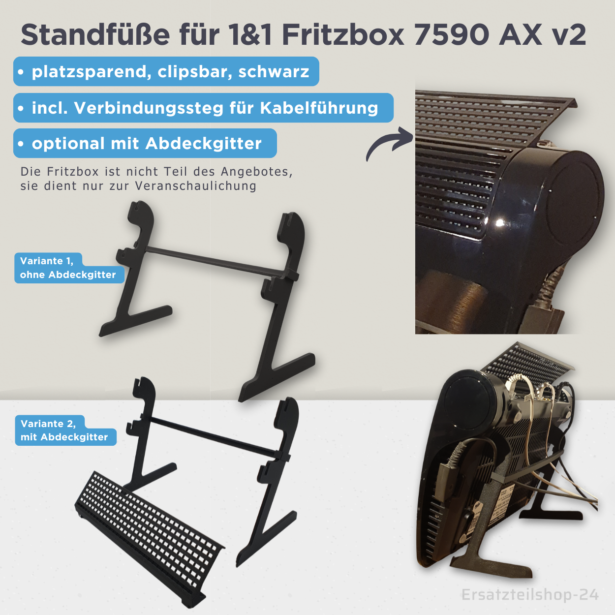 Ständer Halter, Standfüsse + Kabelhalter, passend für 1&1 FritzBox 7590 AX v2